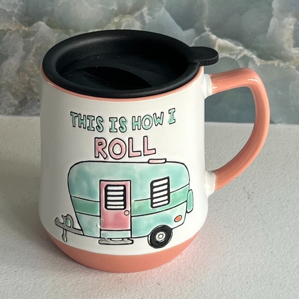 Spectrum Designz Mug Lid Embossed Retro Camper This is How l Roll Pink Teal